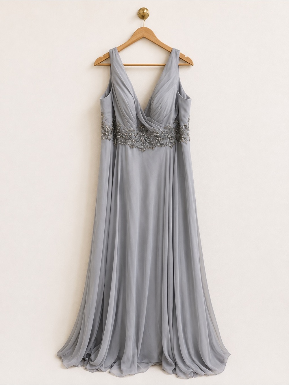 Cameron Blake Silver Gray Beaded Formal Gown with Matching Shawl | US 18